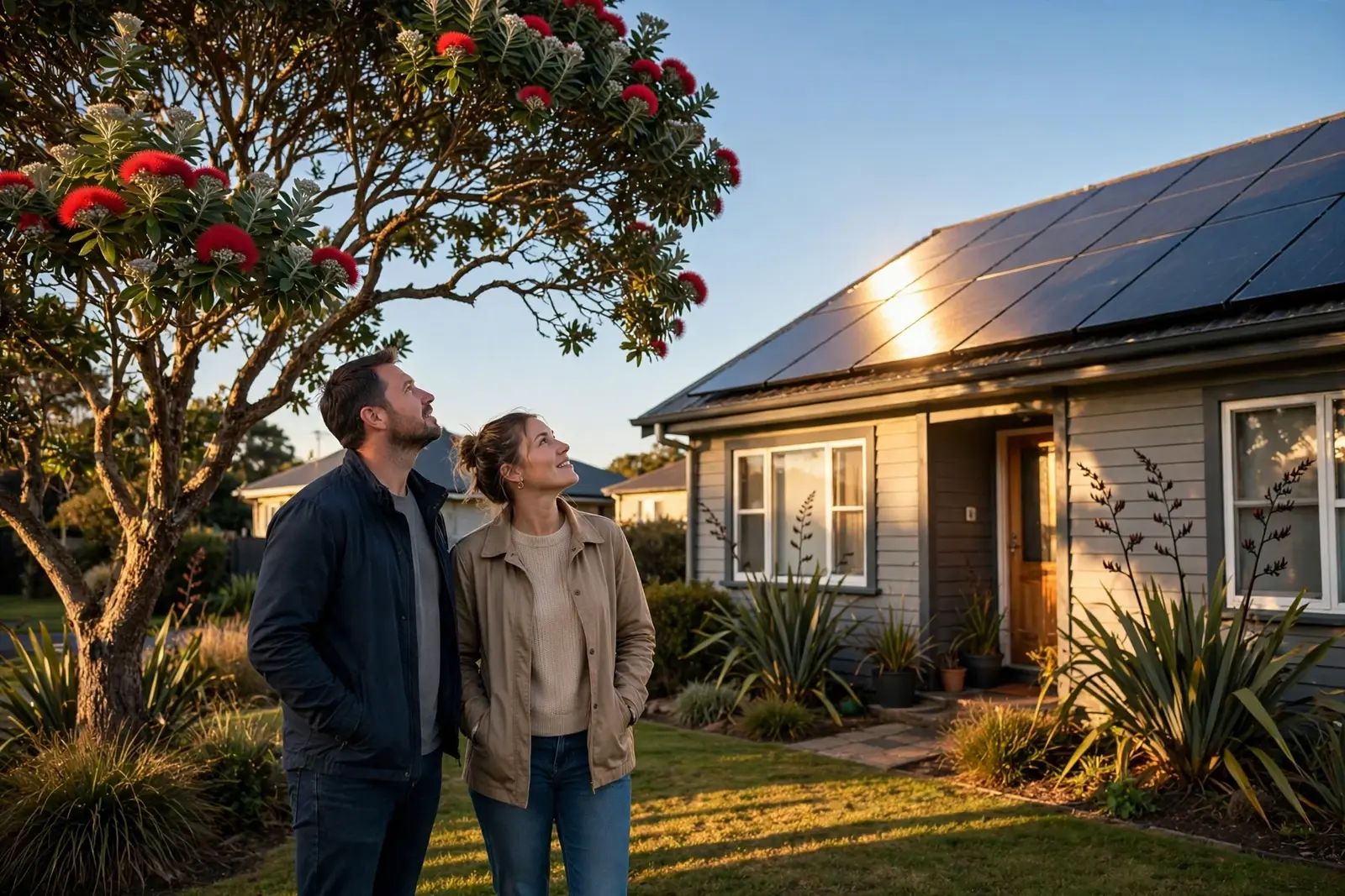 Rooftop solar panels on a New Zealand home in late afternoon sunlight