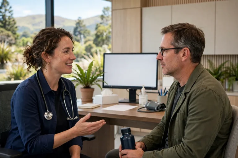 A GP talking with a patient in a consulting room