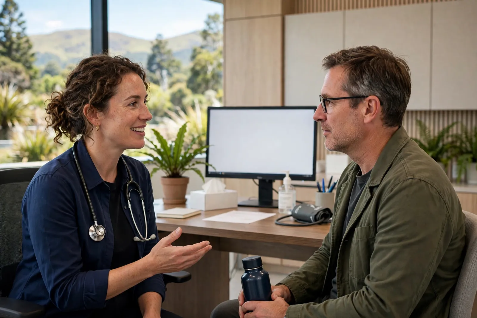 A GP talking with a patient in a consulting room