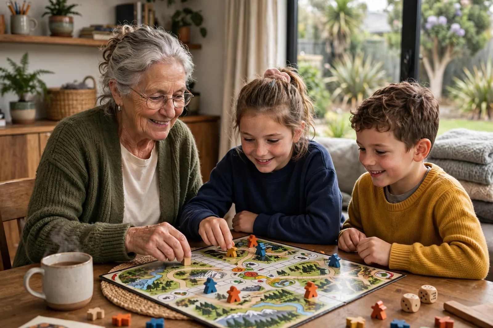 A grandmother with her grandchildren at home