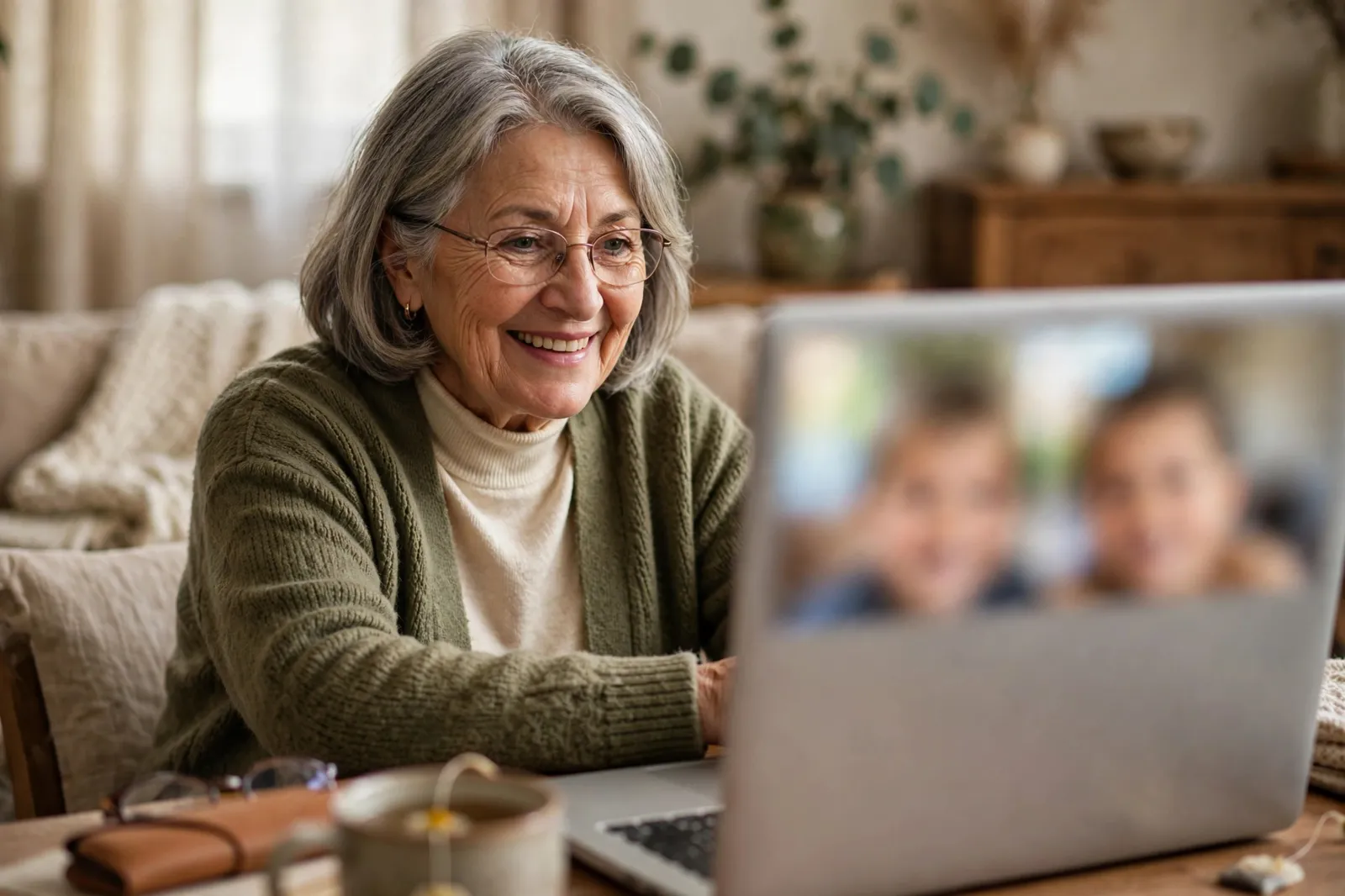 A grandparent video calling grandchildren