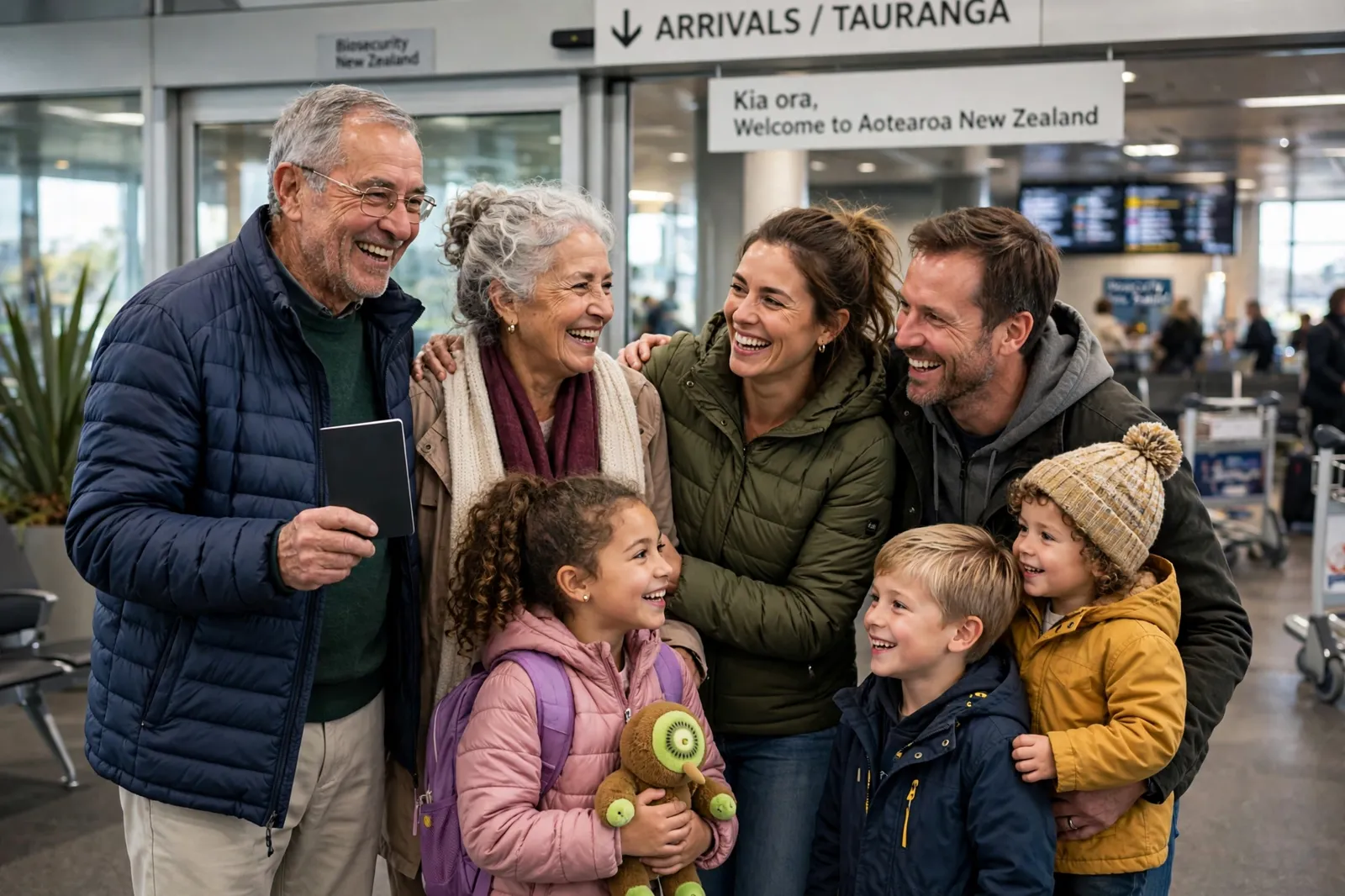 Grandparents being welcomed by family at a New Zealand airport