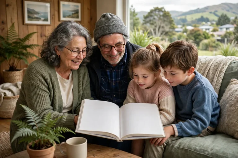 Grandparents reading with their grandchildren at home