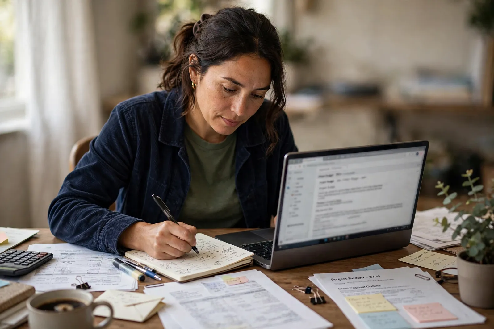 A business owner preparing a grant application at her desk