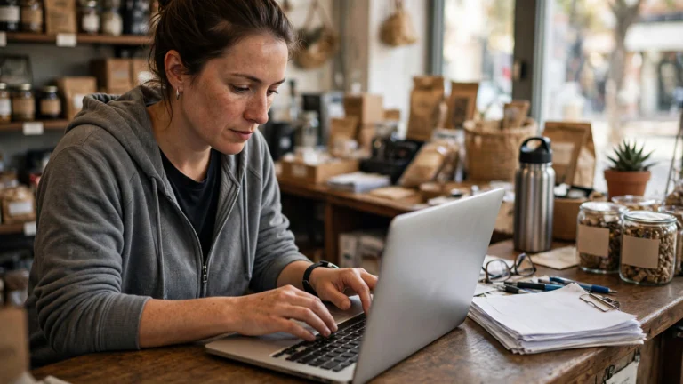 Small business owner at a shop counter registering for GST on a laptop