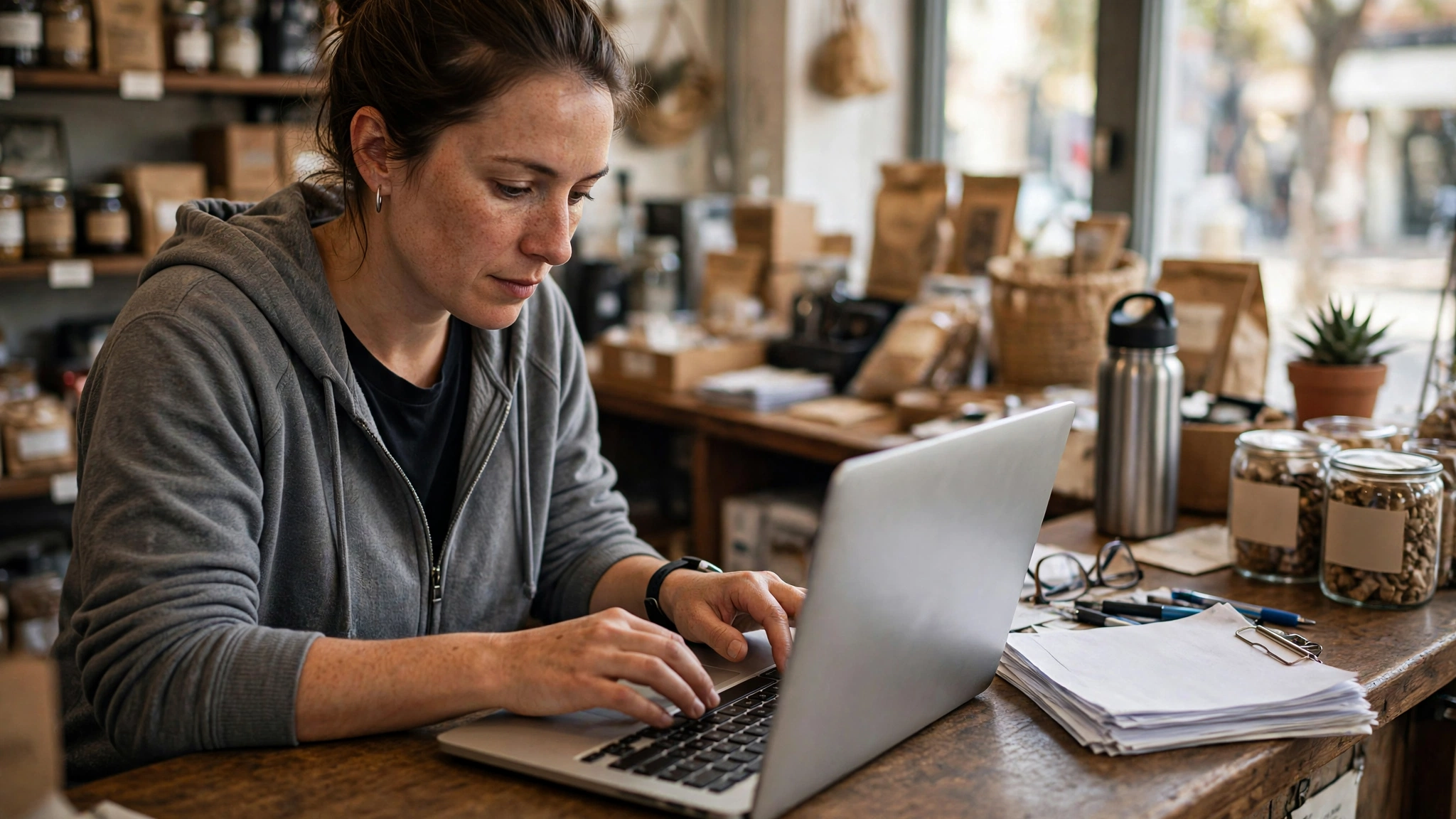 Small business owner at a shop counter registering for GST on a laptop