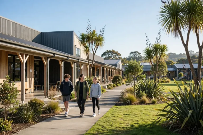 Students and a teacher walking on a path at a school campus in Christchurch