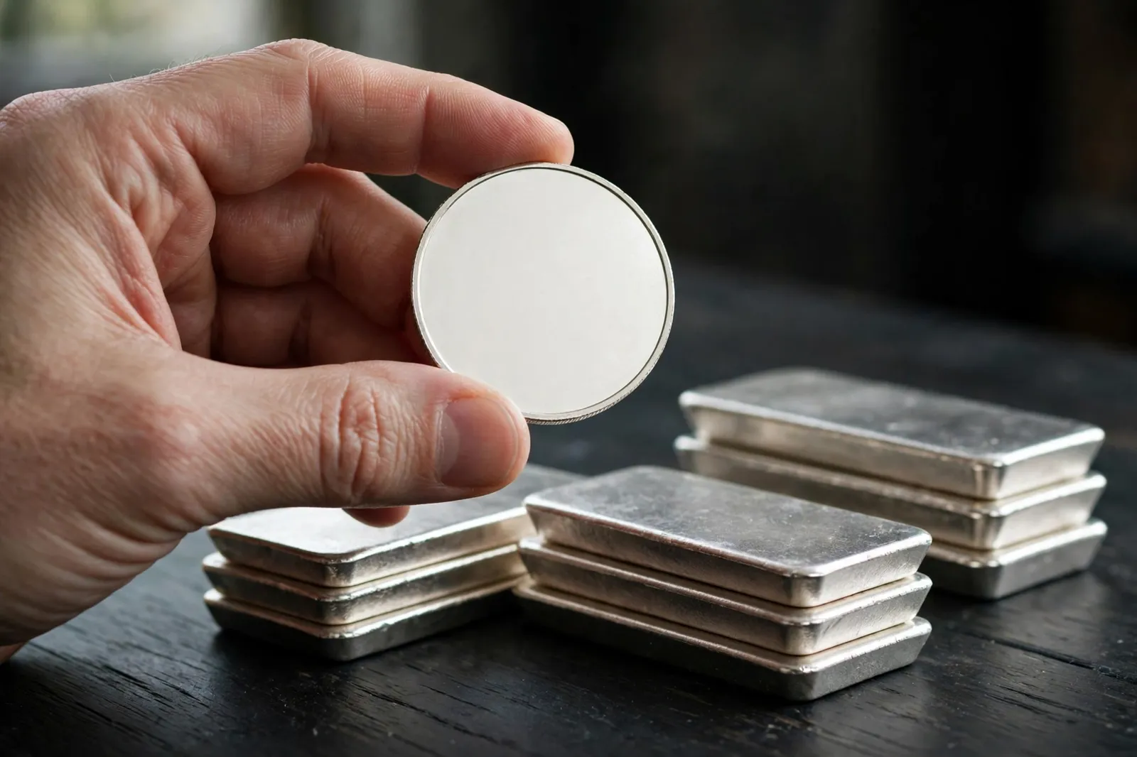 A hand holding a plain silver bullion coin above stacked silver bars