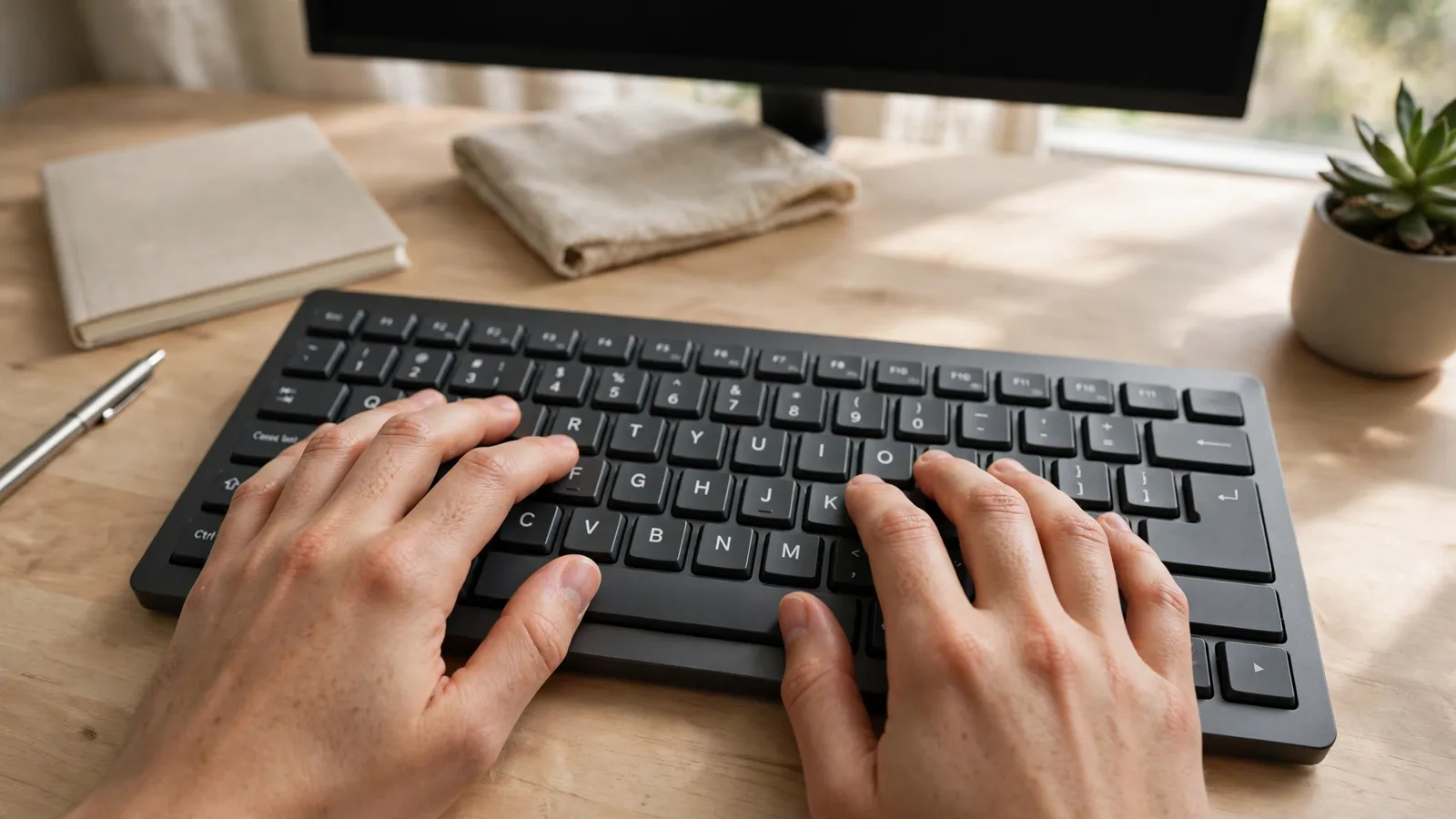 Hands resting on the home row keys of a keyboard at a desk