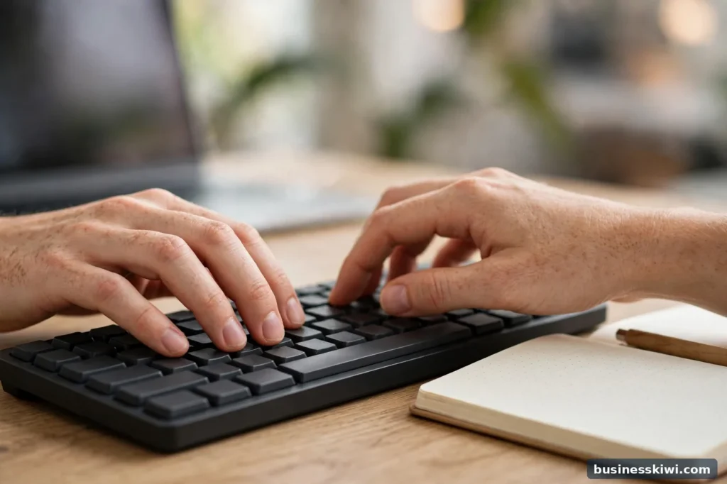 Close-up of hands touch typing with fingers on the home row keys