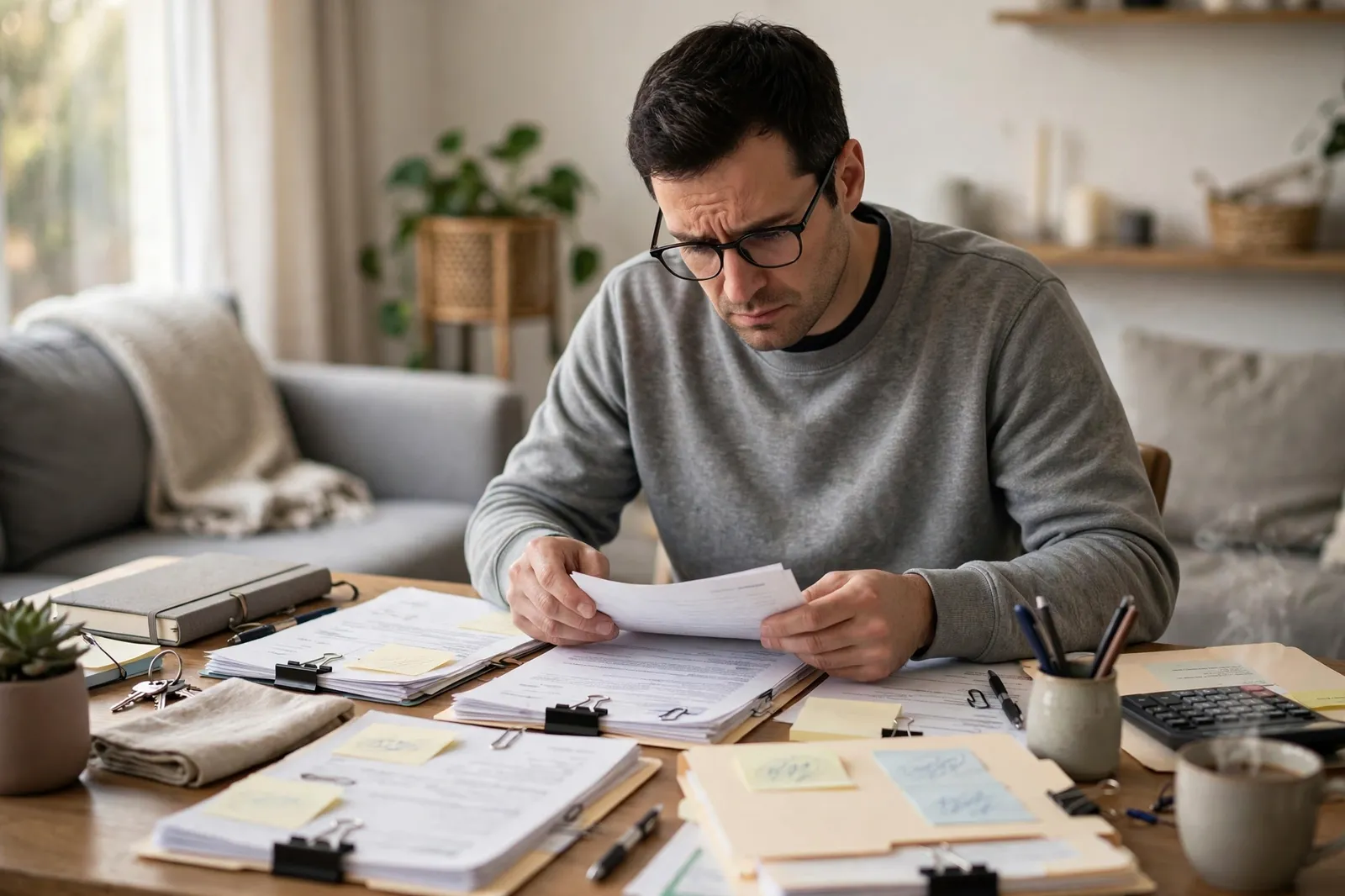 A man reviewing his KiwiSaver hardship paperwork at home