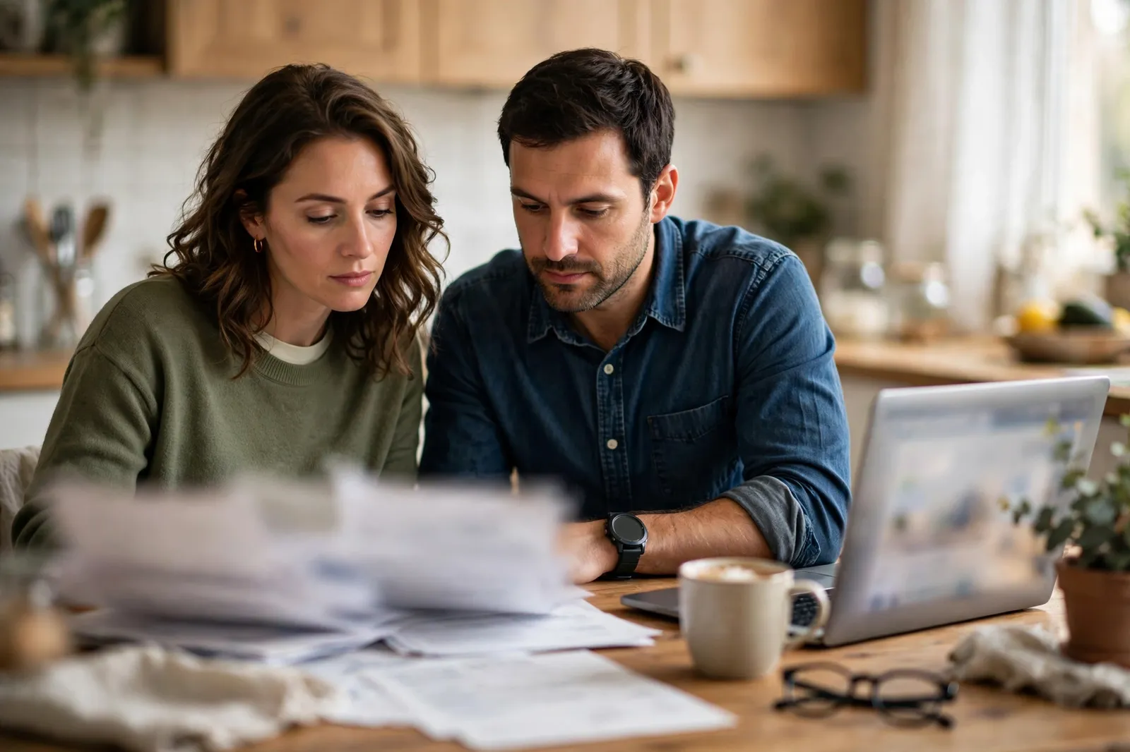 A couple comparing health insurance documents at their kitchen table