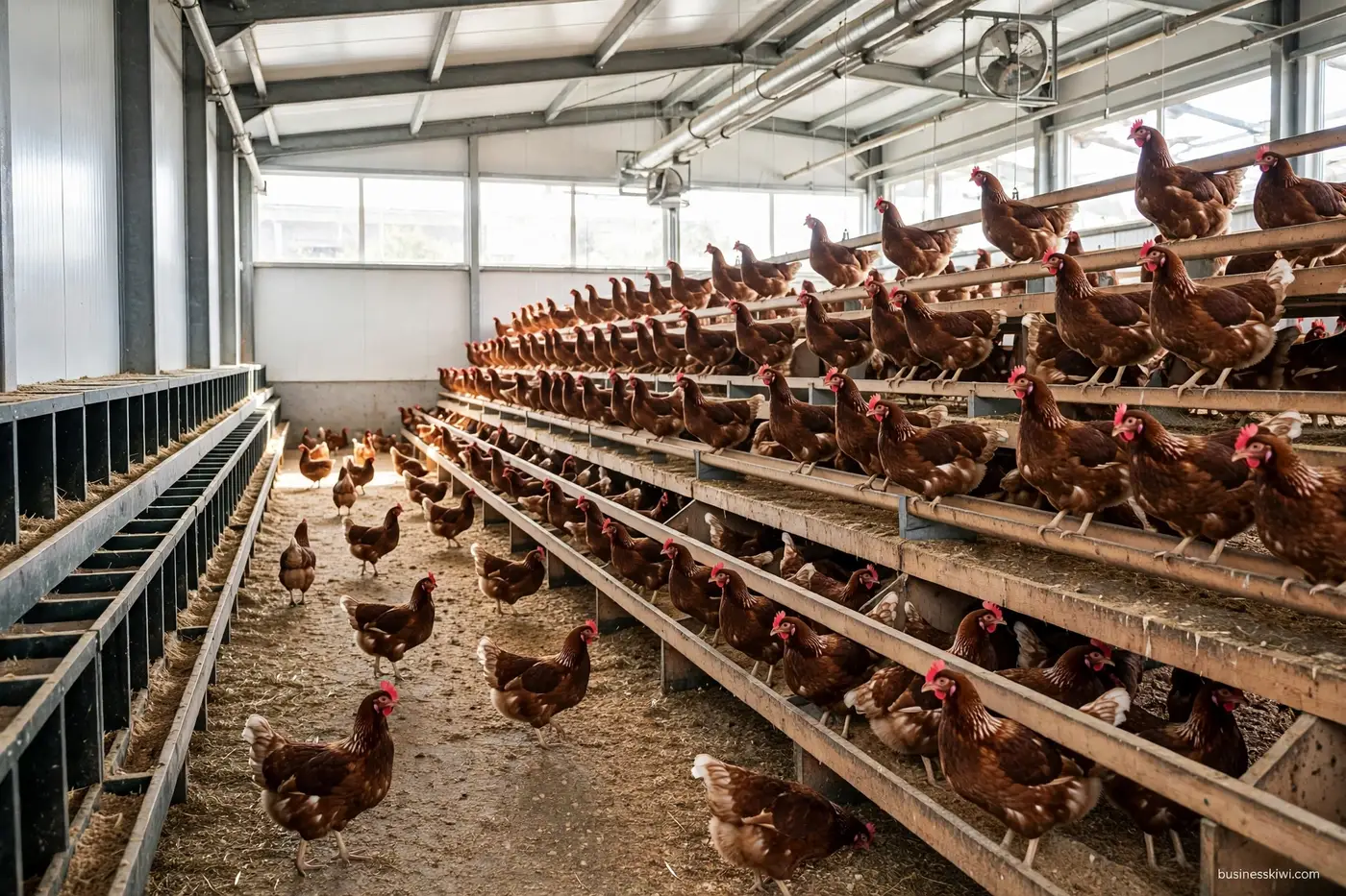 Laying hens in a large barn