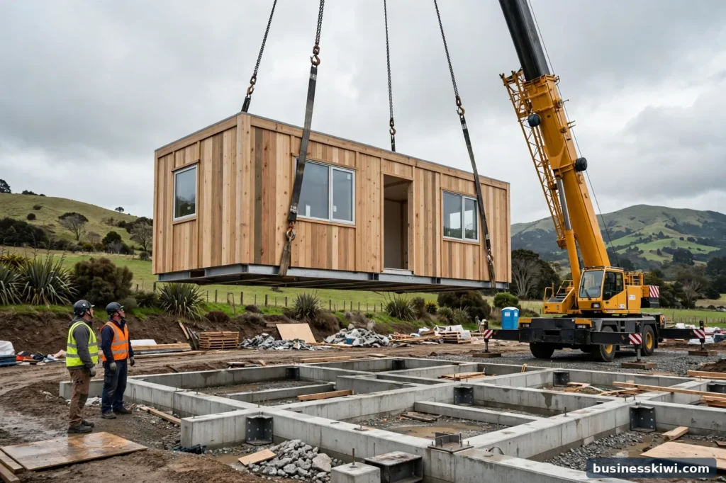 A prefabricated house module being placed on foundations