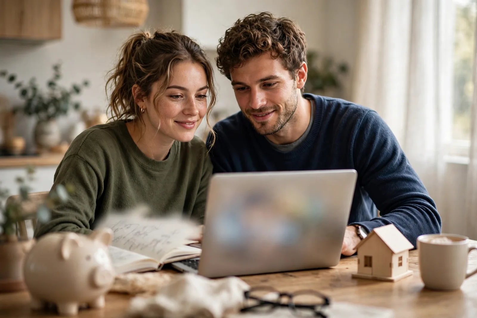 Young couple at their kitchen table planning a home loan deposit with a laptop and piggy bank