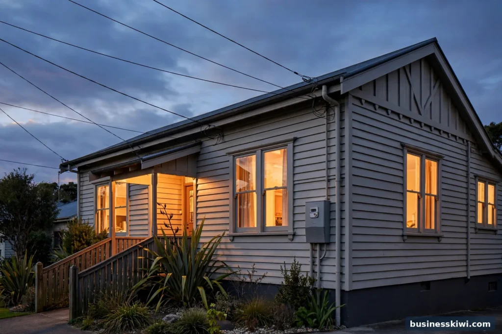A New Zealand home with its lights on in the evening