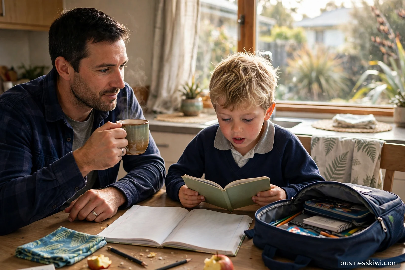 A father listening to his young son read his school reader book aloud at the kitchen table before school, with the school bag beside them, businesskiwi.com