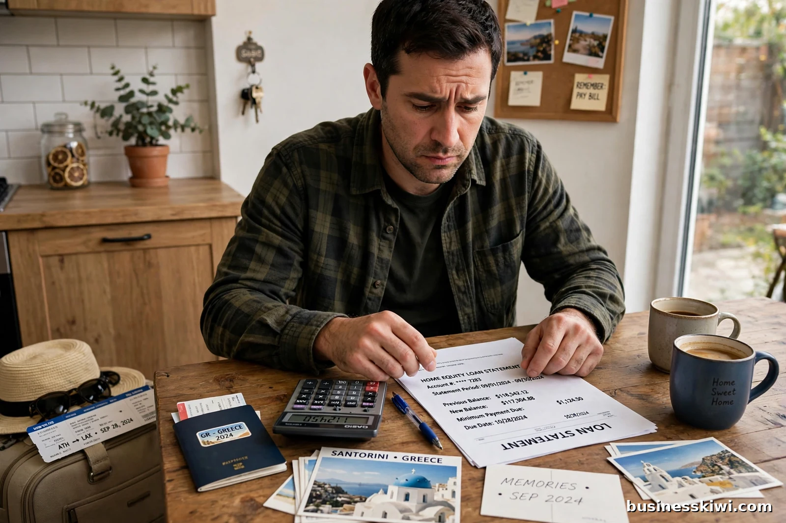 A traveller back home at his kitchen table with a loan statement, calculator and holiday photos from the trip, businesskiwi.com