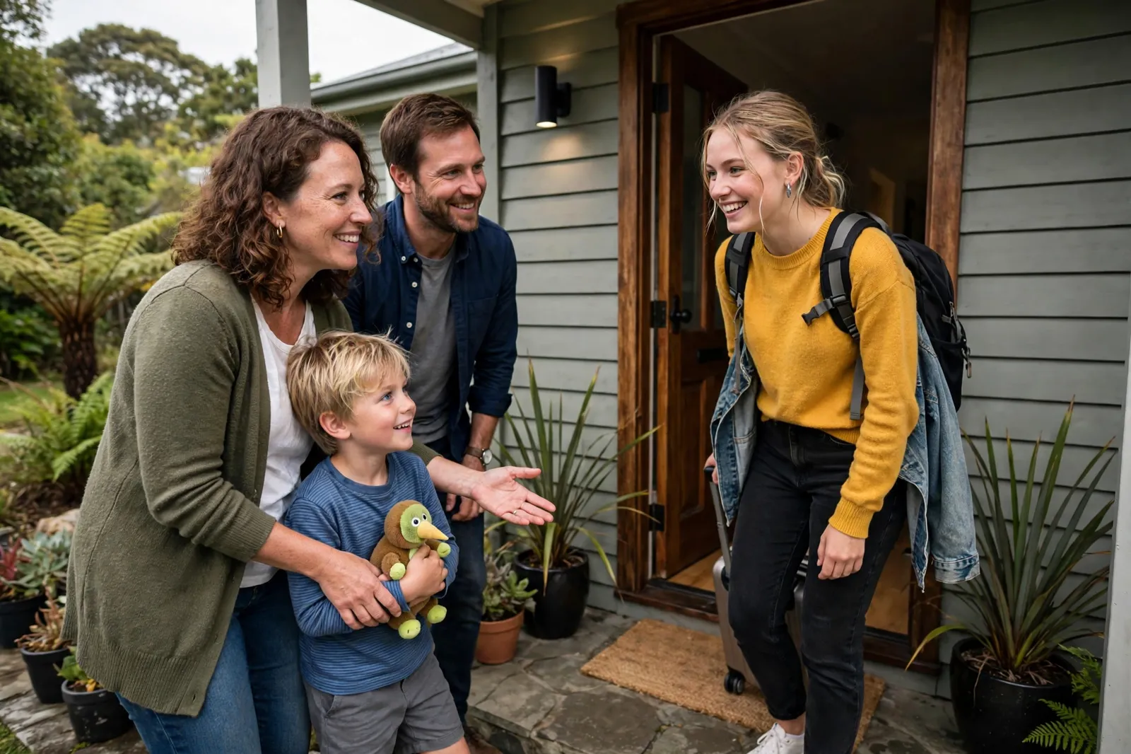 A host family welcoming an au pair at their front door