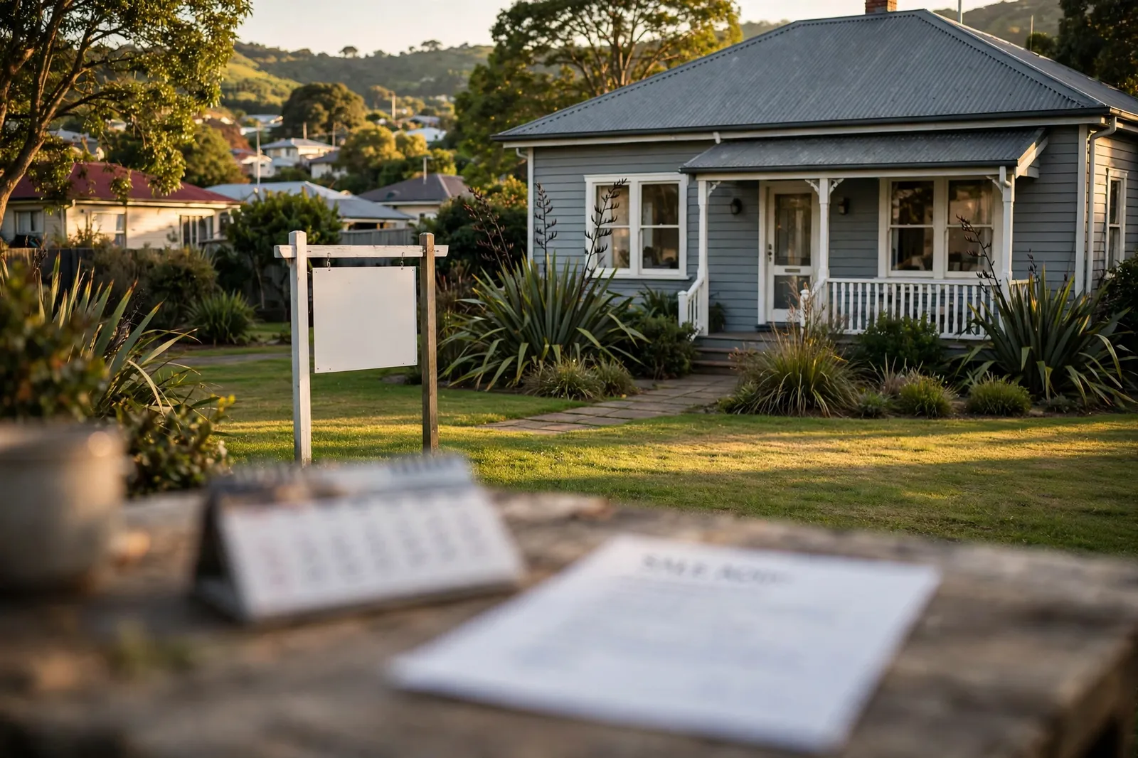 A New Zealand house with a for sale sign, a calendar and sale papers in the foreground