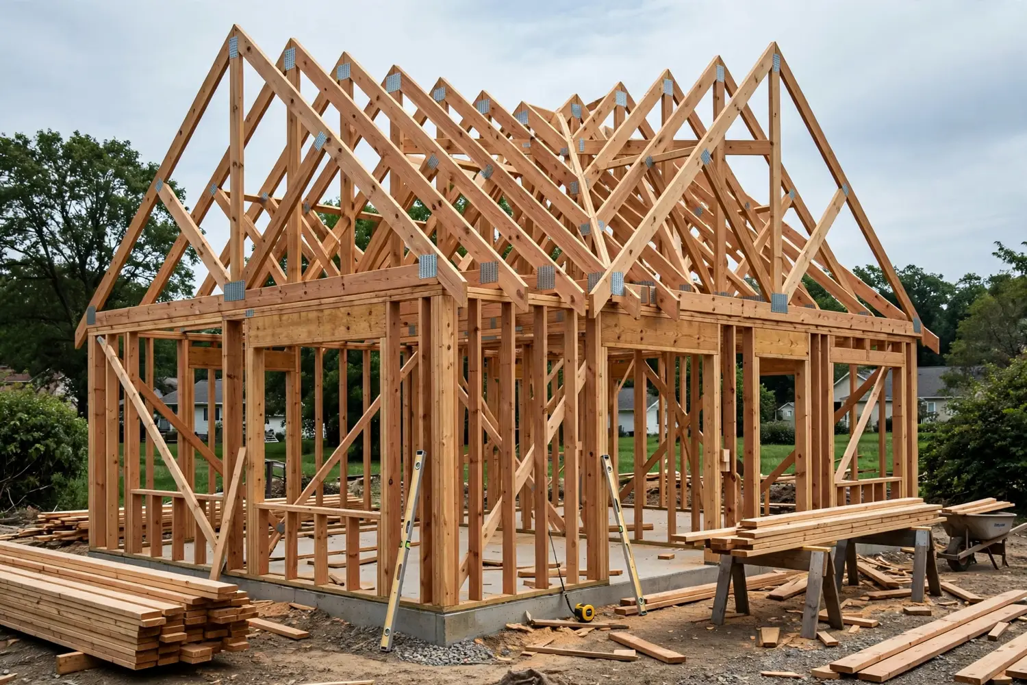 A house under construction at the framing stage