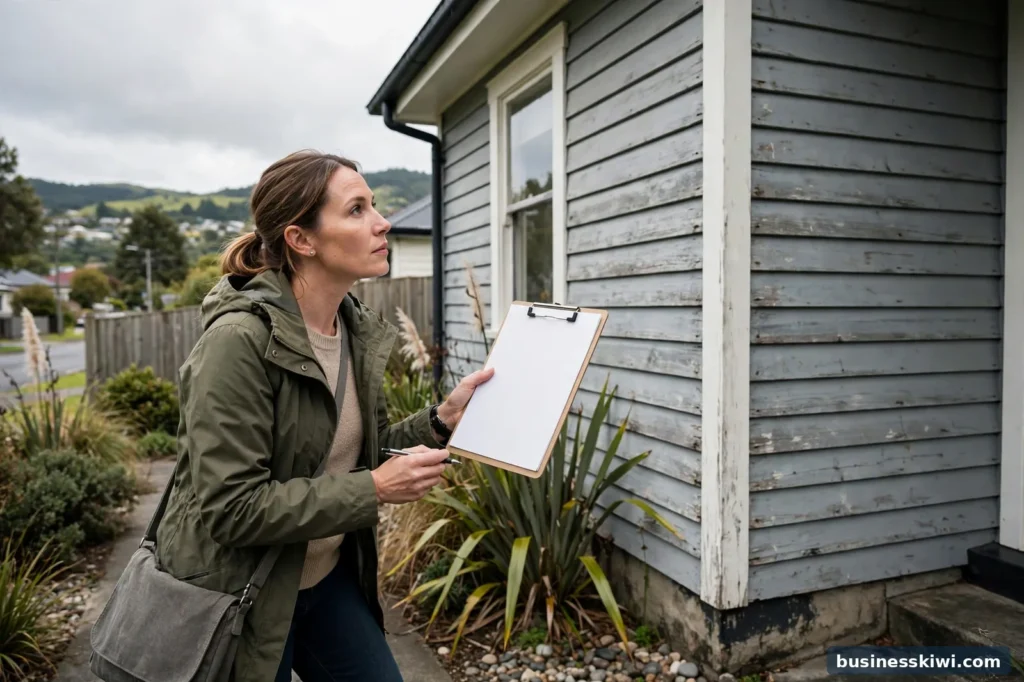 A buyer checking the exterior of a house during an inspection