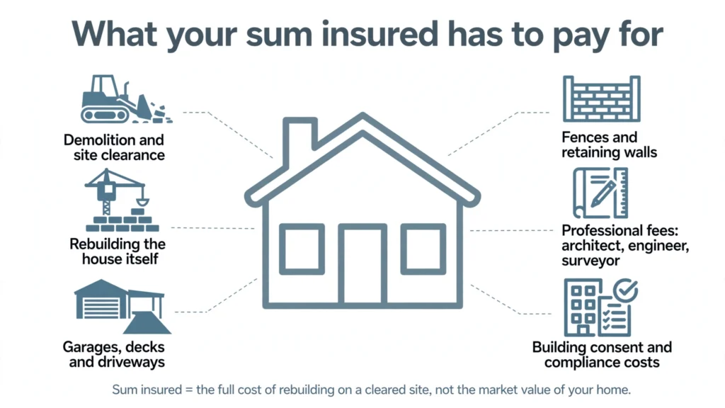 Diagram showing the rebuild cost components that make up a house insurance sum insured