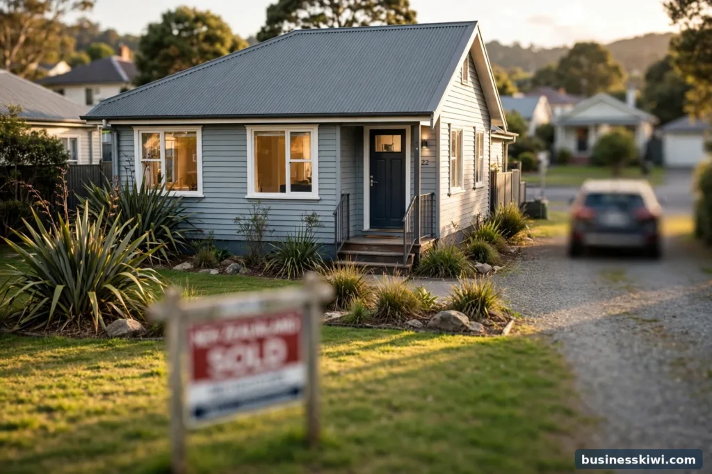 A suburban house with a sold sign in the front yard