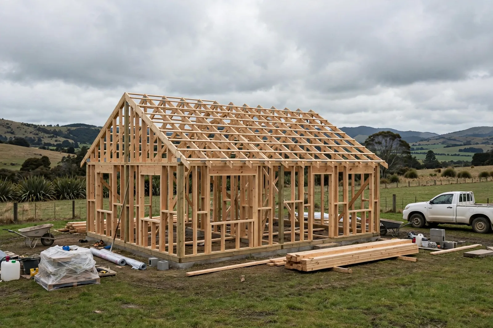 Timber framing of a simple new home under construction on a section