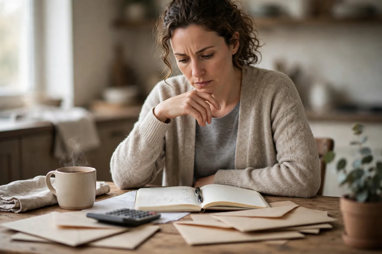A woman working through her household budget at the kitchen table