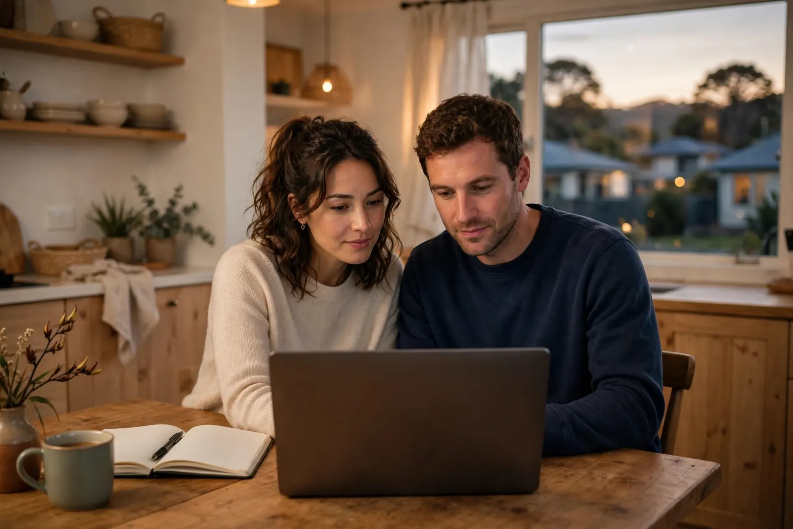 Couple at a kitchen table with a laptop and notebook working out how much they can borrow for a home loan