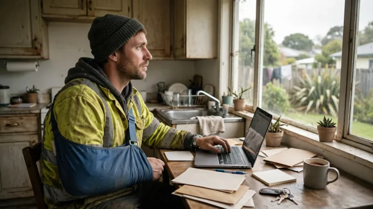 Self-employed worker at home with an injured arm, illustrating income protection insurance in NZ