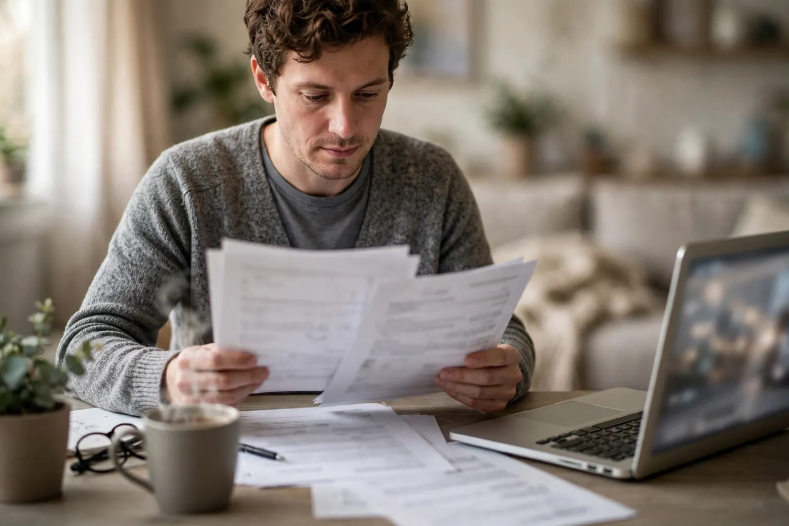 A man reviewing his income protection policy at home