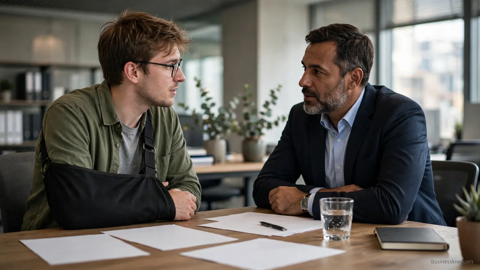 An injured employee meeting their employer