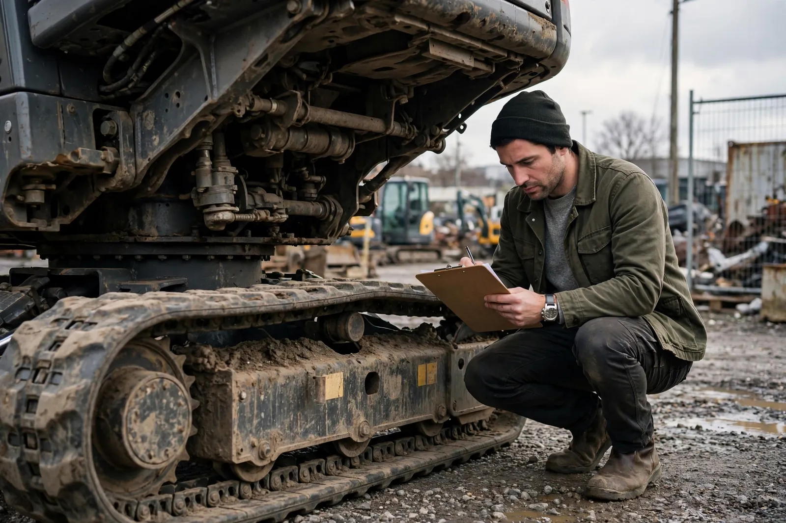 A buyer inspecting the tracks and undercarriage of a used excavator