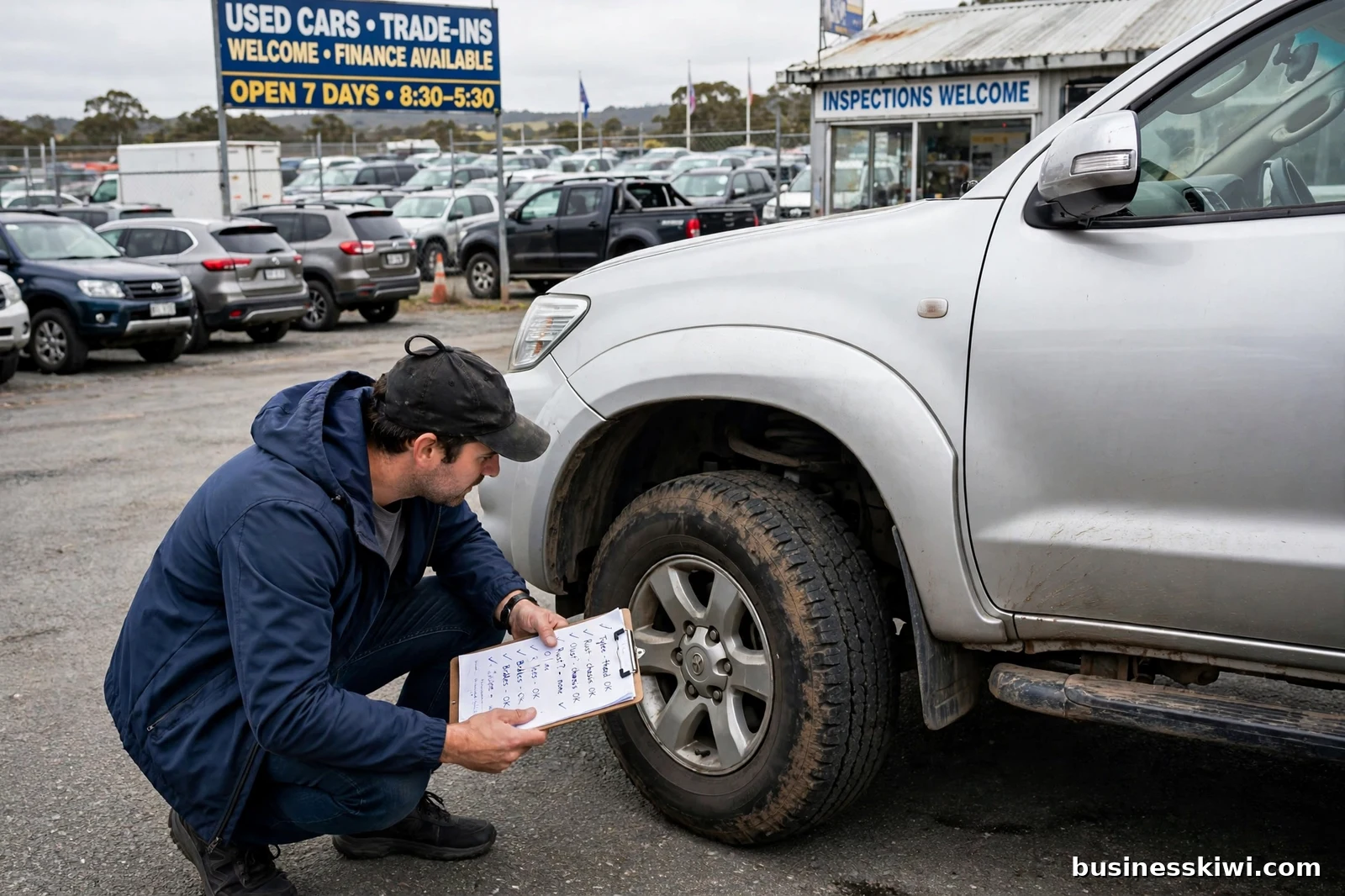 A buyer inspecting the front tyre and wheel arch of a used ute with a clipboard checklist at a used car yard, businesskiwi.com