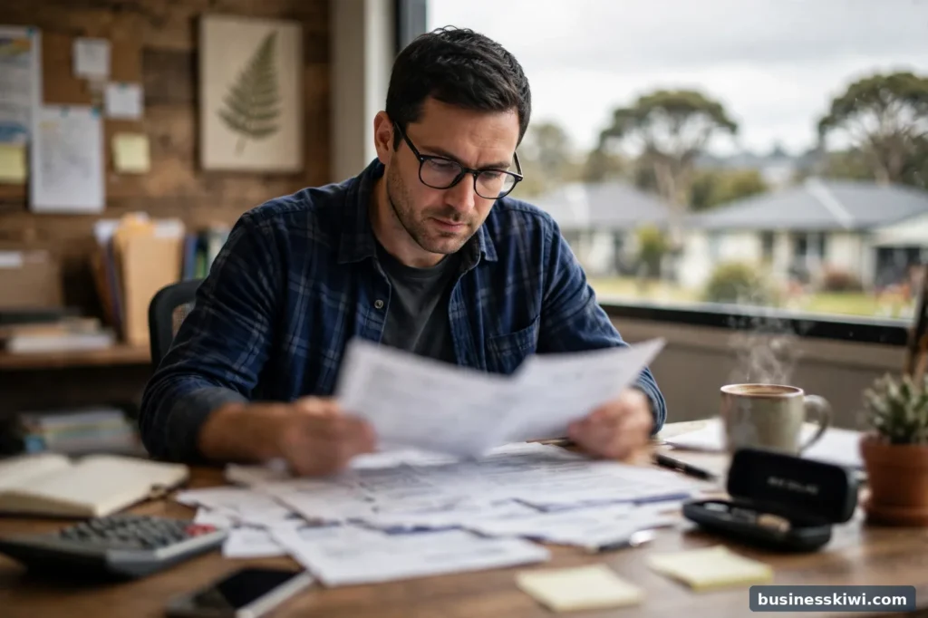 A business owner reviewing insurance documents