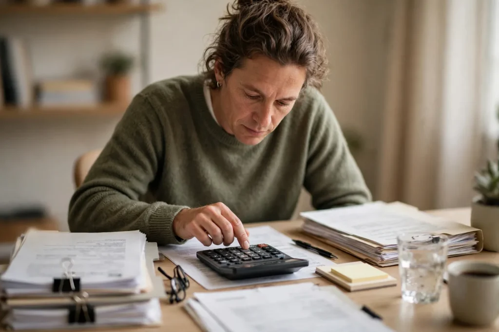 A person checking interest statements with a calculator at their desk