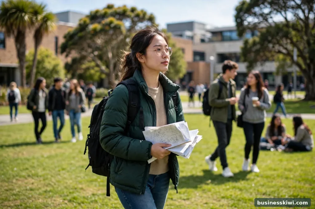 An international student walking across a New Zealand university campus