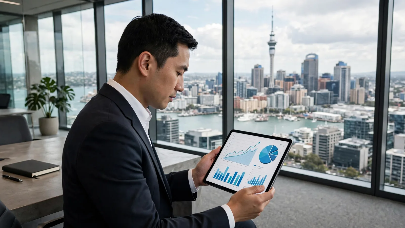 Investment banker in a suit reviewing charts on a tablet in an Auckland office overlooking the harbour and Sky Tower