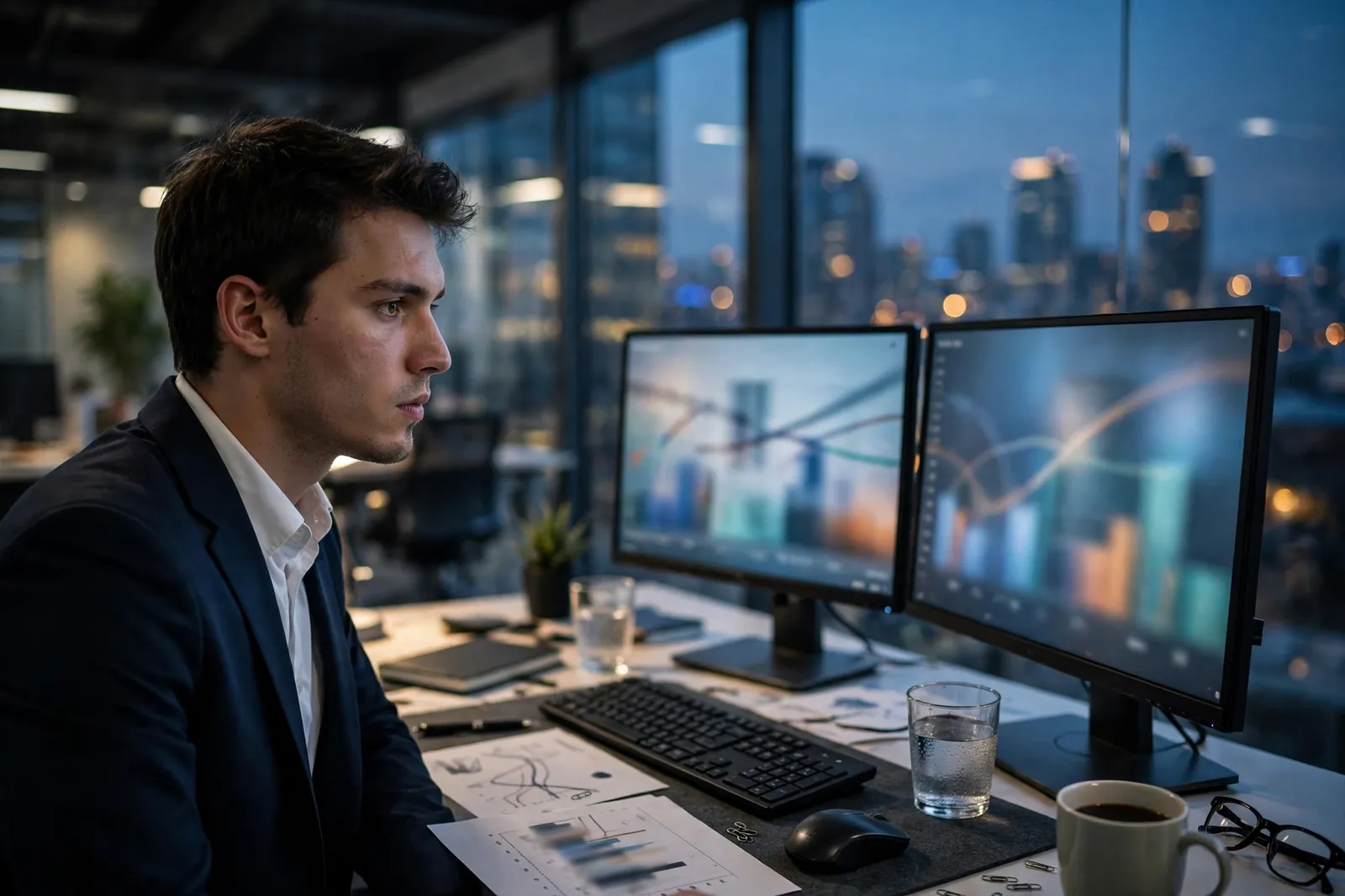 An investment banking analyst working at a dual-screen desk in a city office