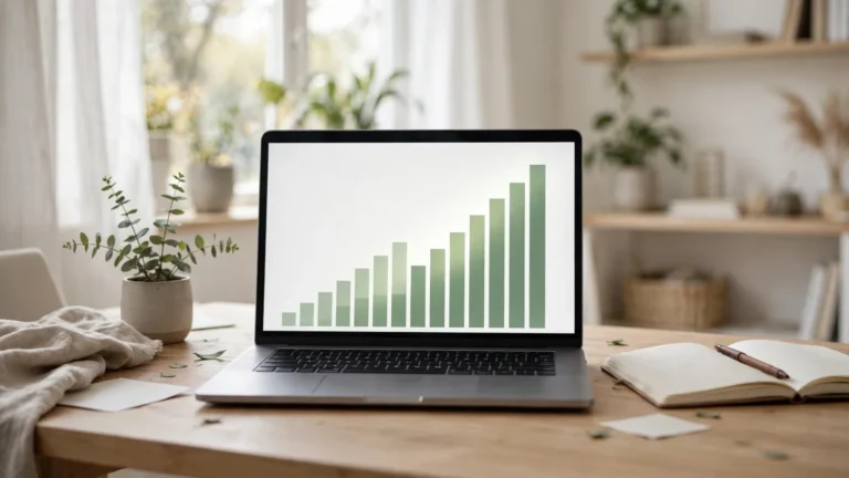 Laptop showing a rising investment growth chart on a home office desk