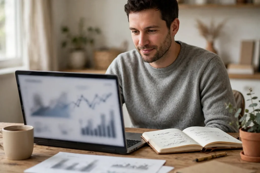 An investor reviewing his portfolio on a laptop at home