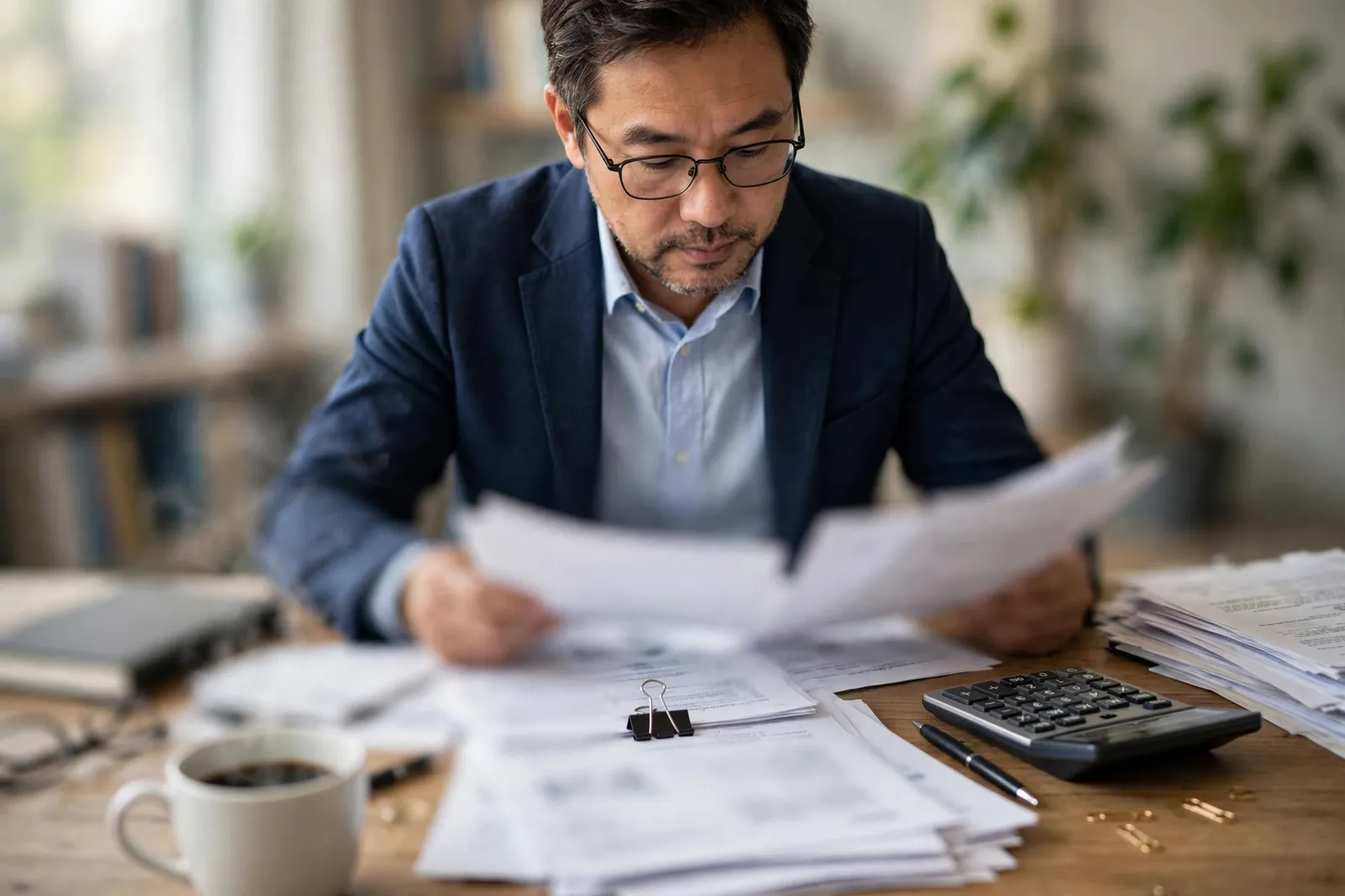 An investor reviewing investment statements at his desk