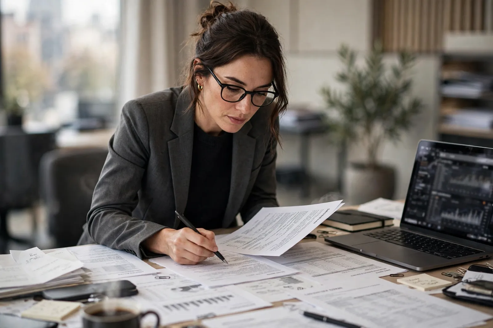 An investor reviewing business documents for her visa application