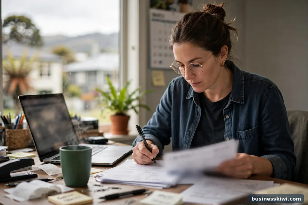 A business owner completing invoice paperwork