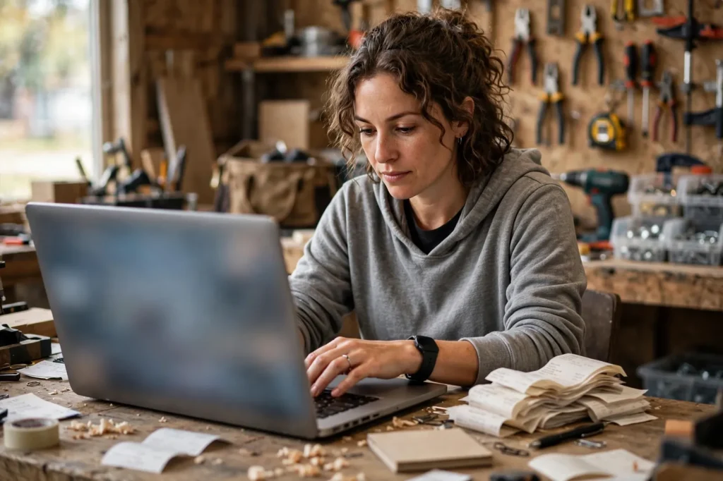 A small business owner preparing an invoice on a laptop