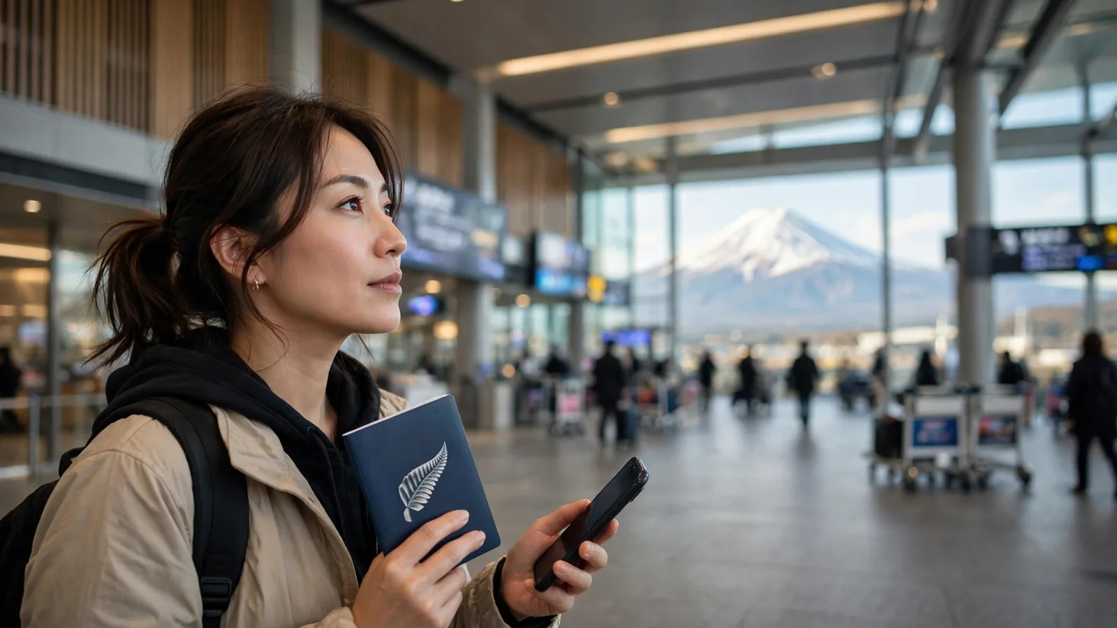Traveller holding a New Zealand passport and phone in a Japanese airport arrivals hall with Mount Fuji beyond the windows