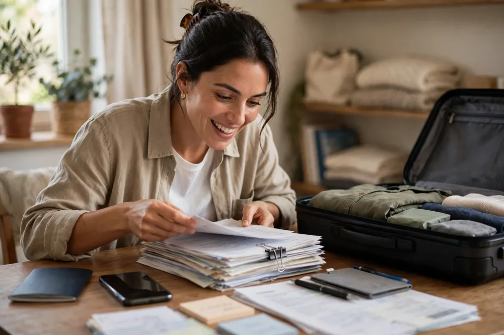 A traveller preparing travel documents for a trip to Japan