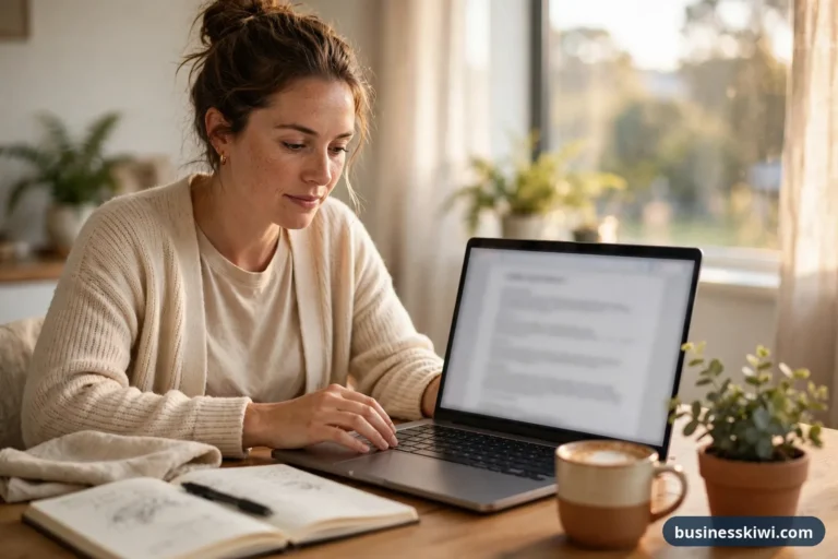 Woman polishing her CV on a laptop at a home desk with a notebook of referee notes beside her businesskiwi.com